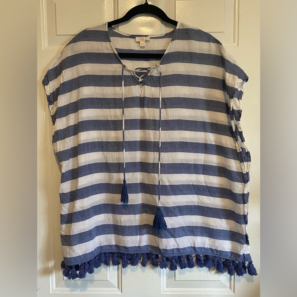 C Apparel One Size 100% Cotton Lightweight Tasseled White Blue Stripe Sleeveless